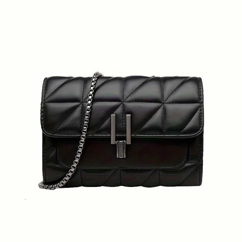 Elegant Black Faux Leather Shoulder Bag with Chain Strap - Light Luxury Plaid Pattern Turn-lock Closure Synthetic LiningT251206