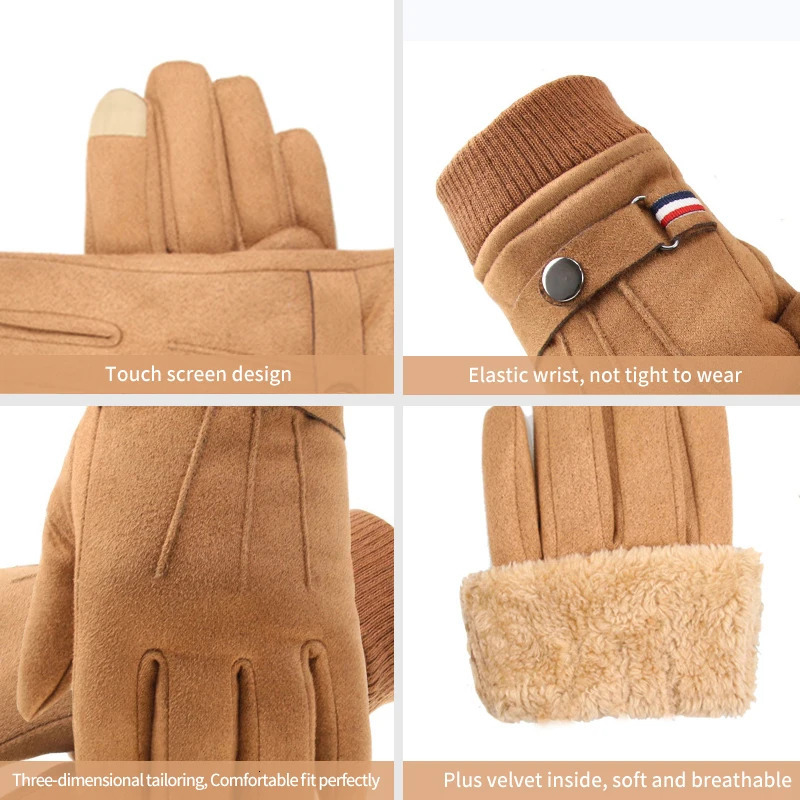 Spring Mens Winter Gloves Suede Warm Soft Chamois Leather Gloves Cycling Outdoor Sport Driving Buckle Male Touchscreen Mitten 251204