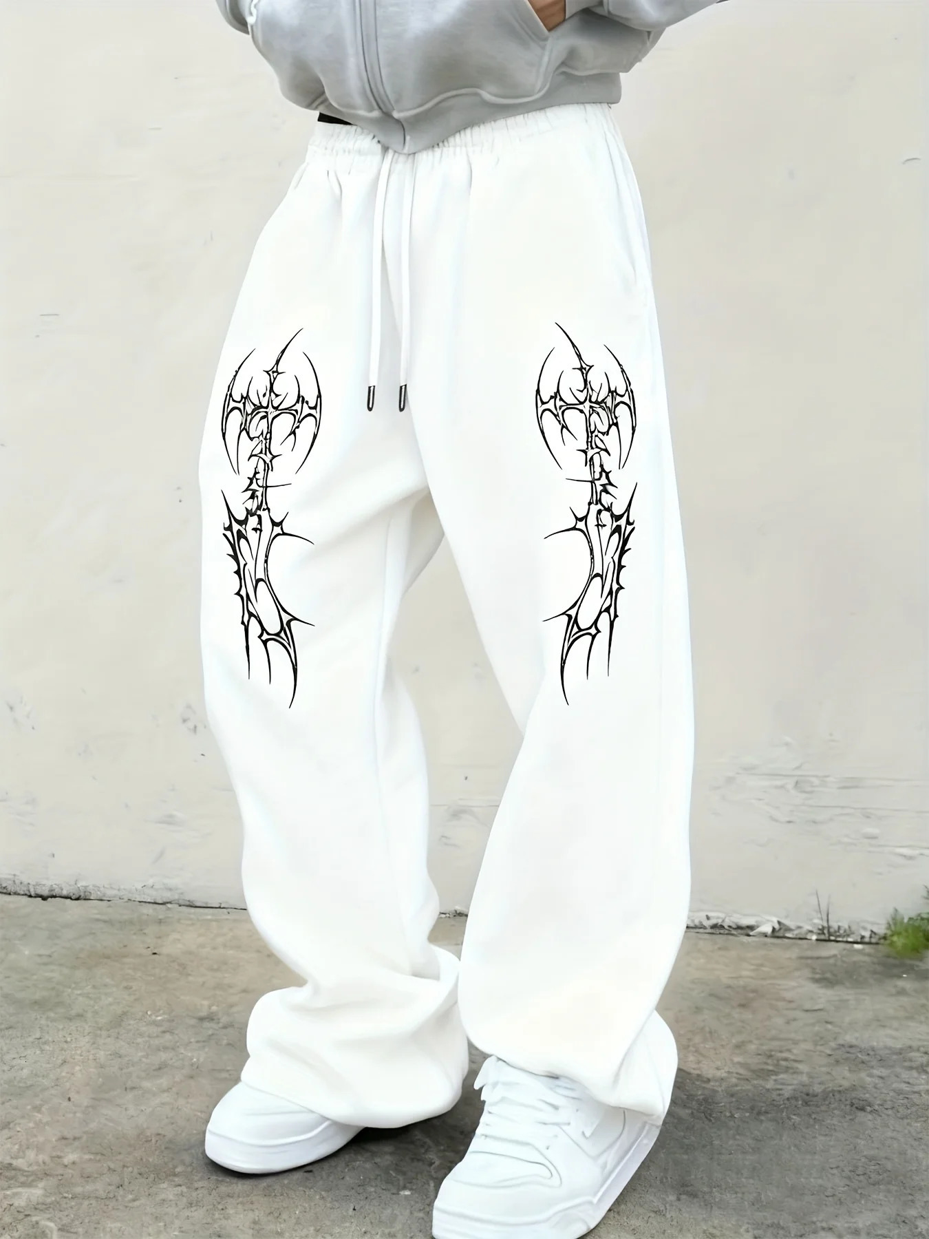 Mens Black Goth Ax/Cross White Print Wide Leg Joggers Hip Hop Fashion Street Pants Oversized Casual Pants Fashion Trends 251205