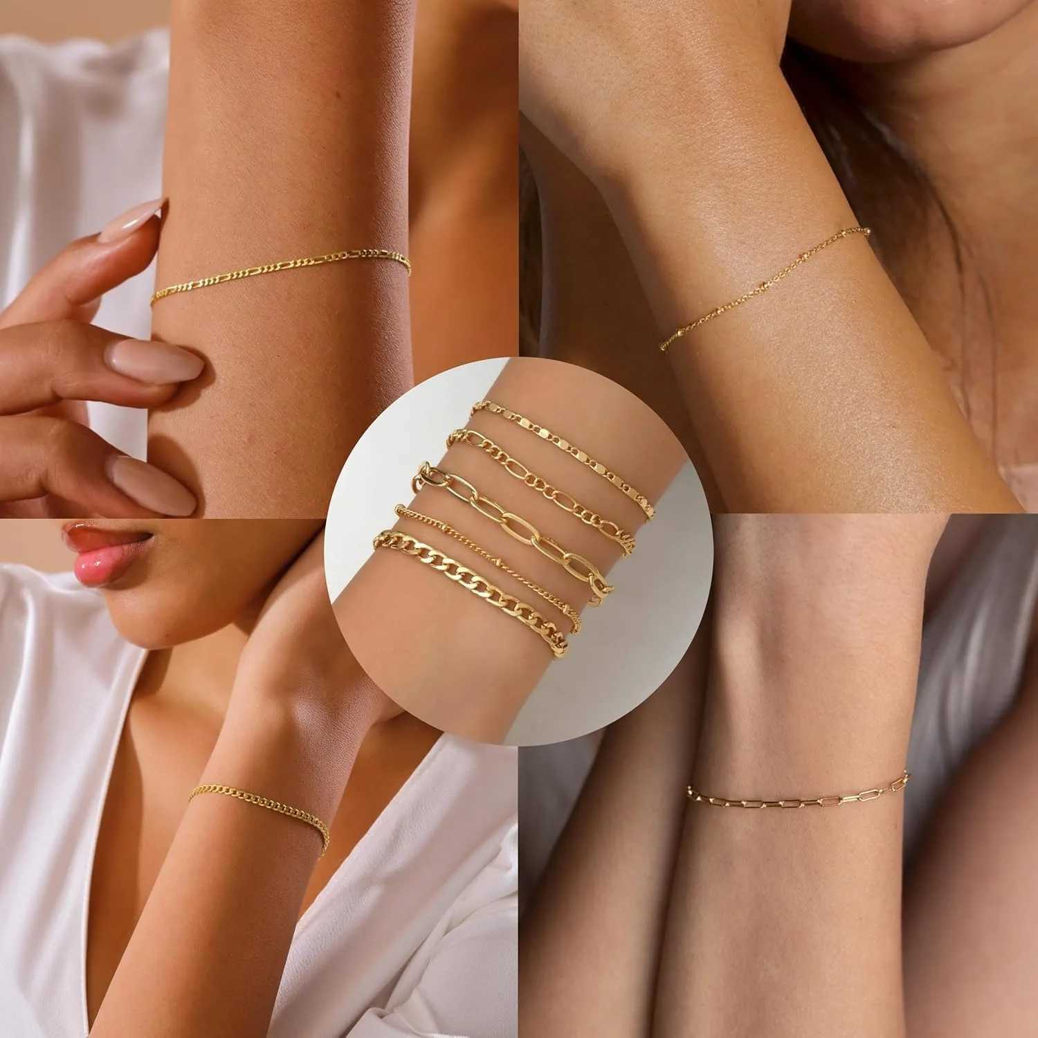 Gold Bracelets Set for Women14K Gold Plated Dainty Gold Link Chain Bracelets Trendy Stackable Gold Cuff Bracelets Jewelry Gifts W251206