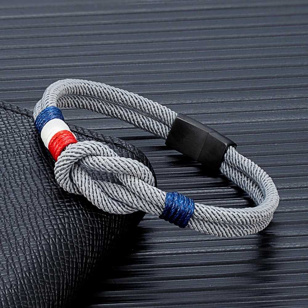 MKENDN Black Stainless Steel Square Knot Rope Bracelet Men Women Handmade Woven Double-Layer Design France Flag Couple Jewelry W251206
