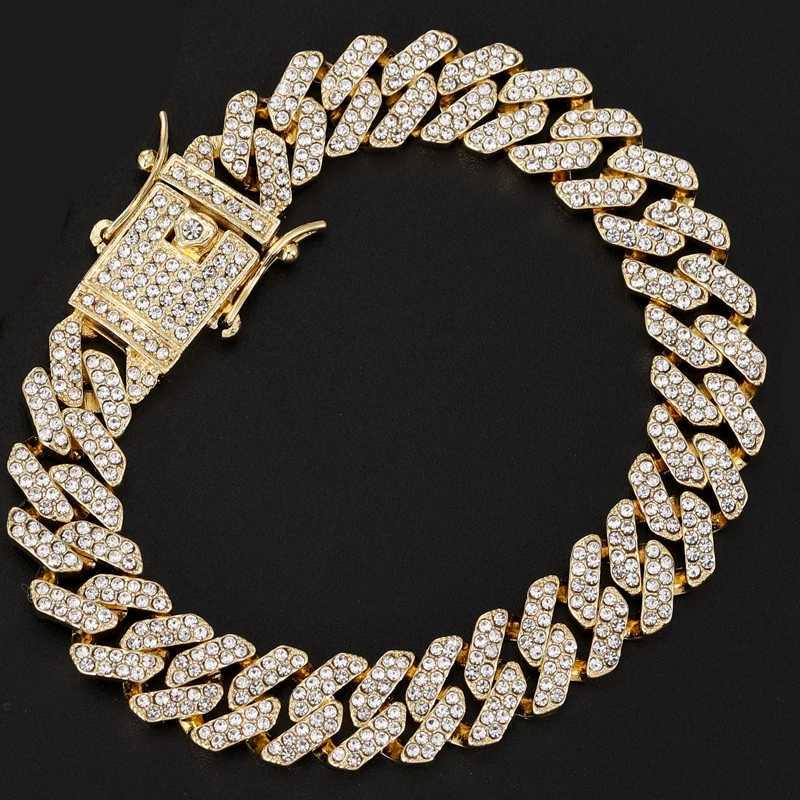 Hip Hop 13MM Rhinestones Prong Iced Out Cuban Link Chain Bracelet Men Women Gold Color Bling Butterfly Cuban Bracelet Jewelry A W251206