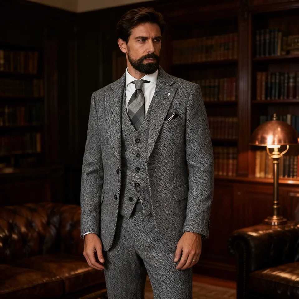 Mens Winter Tweed Wool Grey Slim Fit Formal Wedding Terno Fishbone 3 Piece Smoking Suit Male Ternos Ca G251206