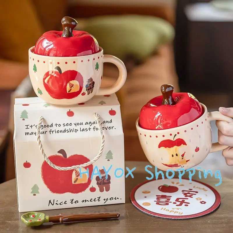 Christmas Apple Ceramic Cup Vintage Girls Apple Cup with Lid and Spoon MugChristmas Gift Coffee Couple Milk Breakfast Mugs M251206 - view 6