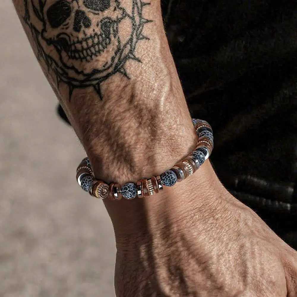 1pc Mens Bead Bracelet Designed with Wooden Volcanic Stone and Metal Beads Elastic Bracelet Suitable for Daily Wear W251206