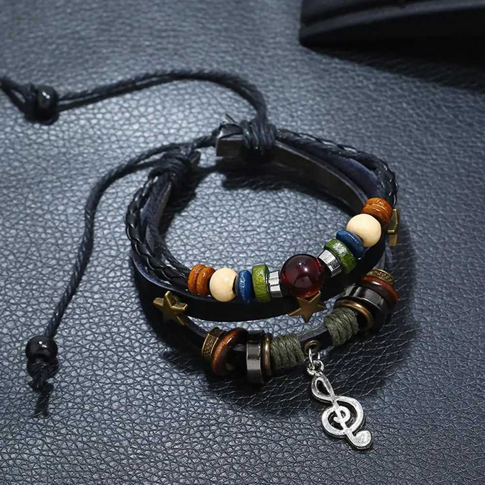Adjustable Trendy Musical Note Wood Beads Niche Design Leather Gypsy Hippie Bracelet Vintage Rope Layered Bracelet W251206