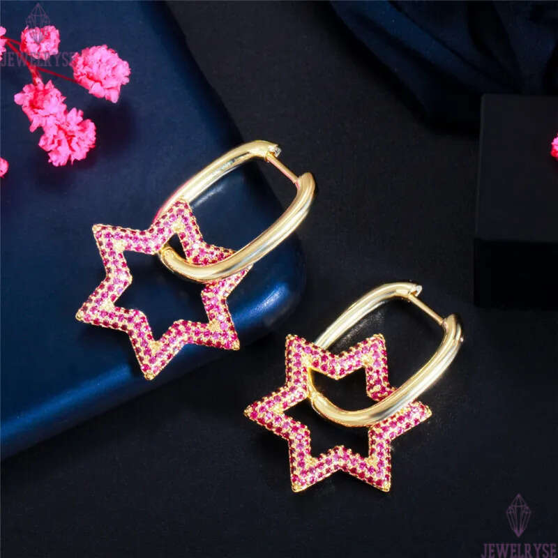 Fashion Cute Colorful AAA Cubic Zirconia Charm Heart Star Earrings Designer Copper Double Loop Phase Buckle 18k Gold White Green Red CZ Earring For Wo