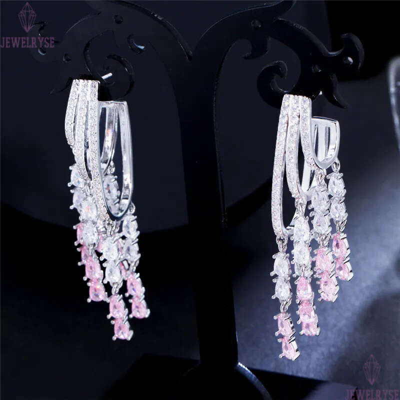 Charm Long Tassel Pink AAA Zirconia Cubic Earring Designer for Woman Party 925 Sterling Silver Post Diamond Earrings South American Wedding Engagement