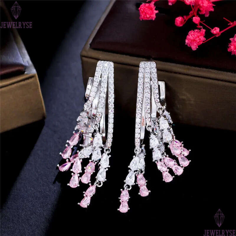 Charm Long Tassel Pink AAA Zirconia Cubic Earring Designer for Woman Party 925 Sterling Silver Post Diamond Earrings South American Wedding Engagement
