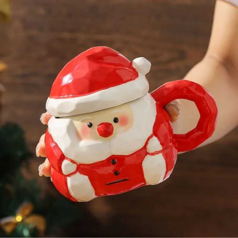 Santa Claus Mug Creative Ceramic Coffee Cup with Lid Embossed 3D Breakfast Milk Mug Afternoon Tea Flower Tea Cup Christmas Gift M251206 - view 5