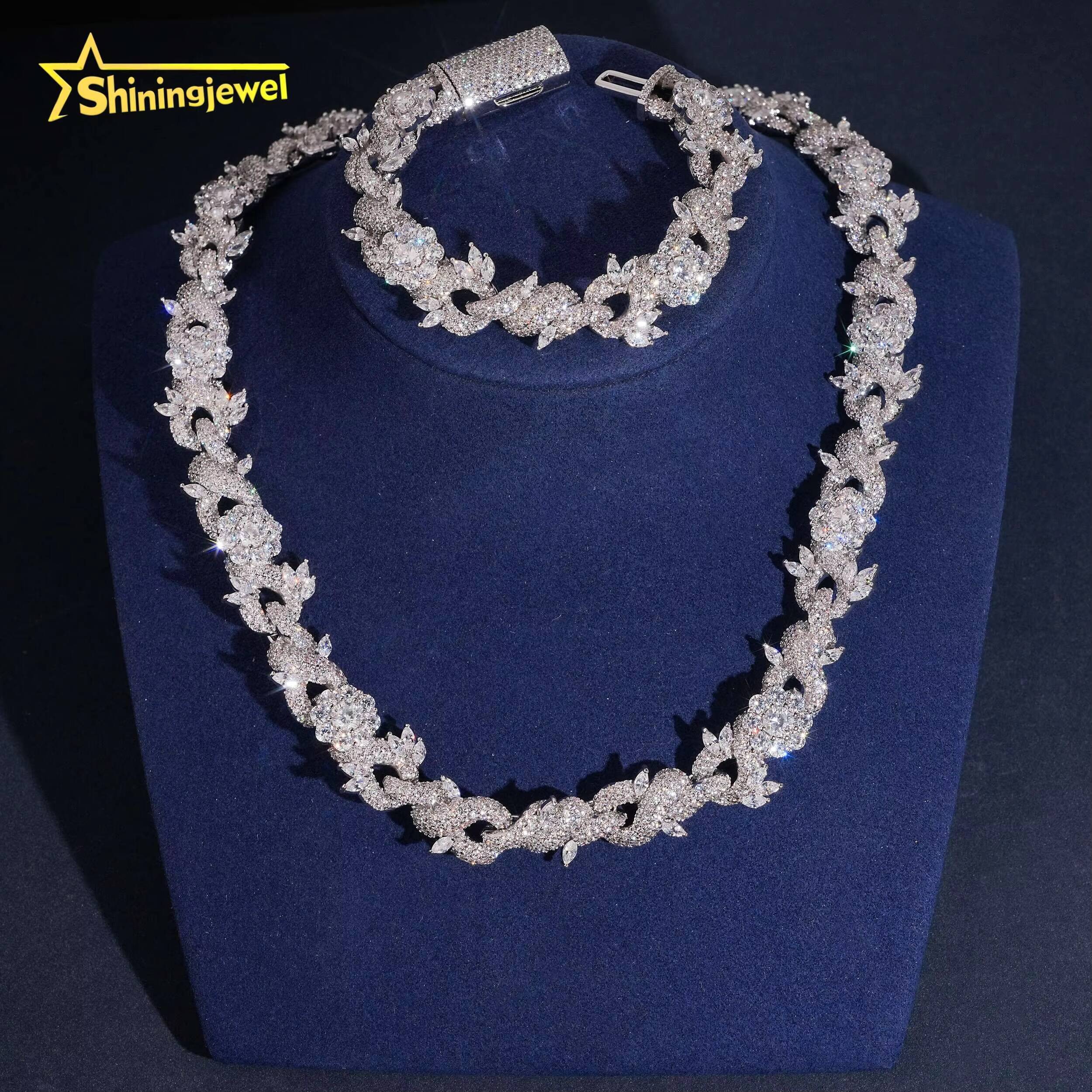 Luxury 15mm Flower Cuban 925 Sterling Silver Hip Hop Jewelry Iced Out Moissanite Infinity Link Chain