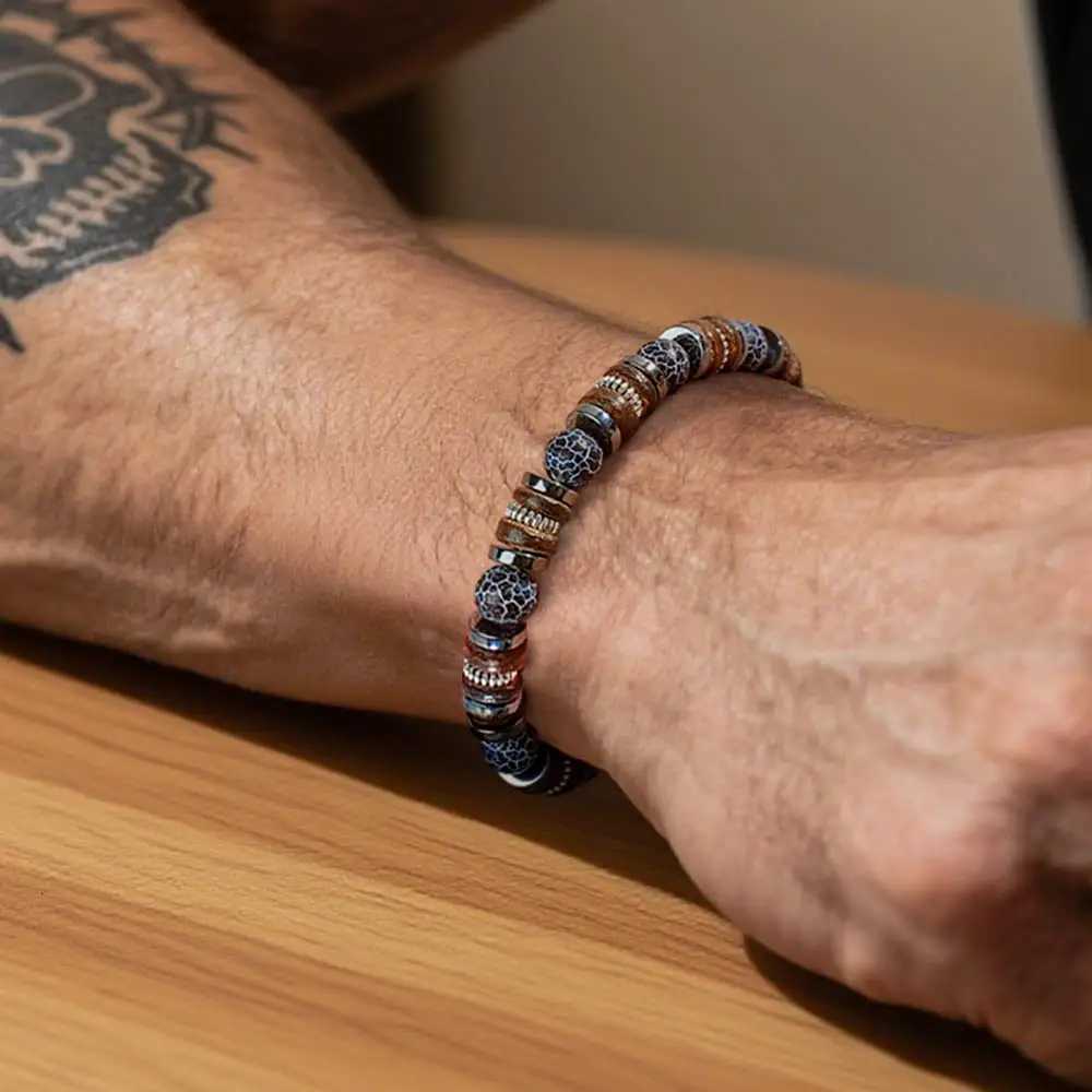 1pc Mens Bead Bracelet Designed with Wooden Volcanic Stone and Metal Beads Elastic Bracelet Suitable for Daily Wear W251206
