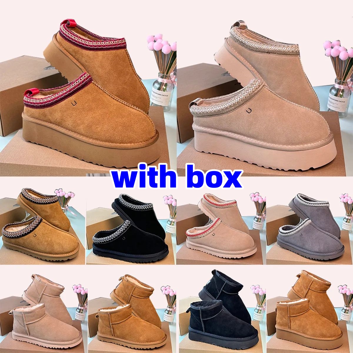 Tasman Slippers Tazz mustard seed Chestnut Sand Fur Slides Sheepskin Classic Ultra Mini Platform Boot Winter Women Men Slip-on Shoes Suede Upper Wool with box