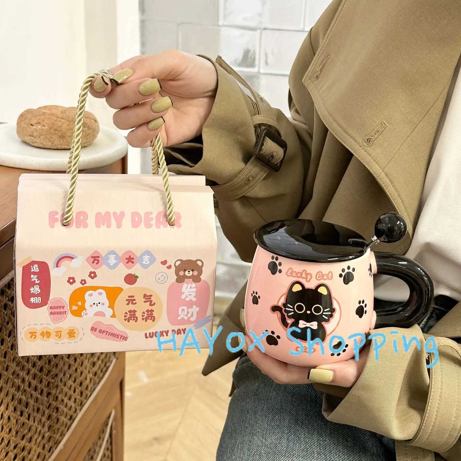 Pink Cat Mug Cartoon Ceramic Cup with Lid and Spoon Office Water Cup Cute Breakfast Mik Student Cup for Christmas Gift M251206 - view 5