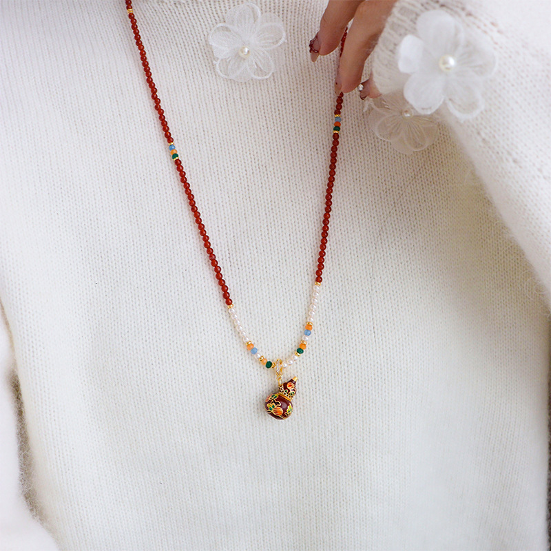 Original New Chinese Style Red Gourd Natural Stone Beaded Necklace for Women Vintage Exquisite Elegant Versatile Long Sweater Chain ddmynov