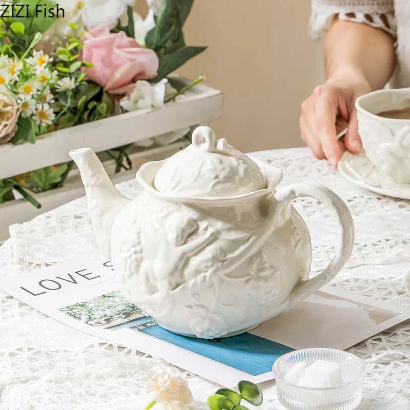 Emboss Ceramic Teapot Black Tea Cup Saucers Set Retro Afternoon Tea Coffee Cup Saucer Couple Cup Set Home Creative Drinkware Mug M251206 - view 5