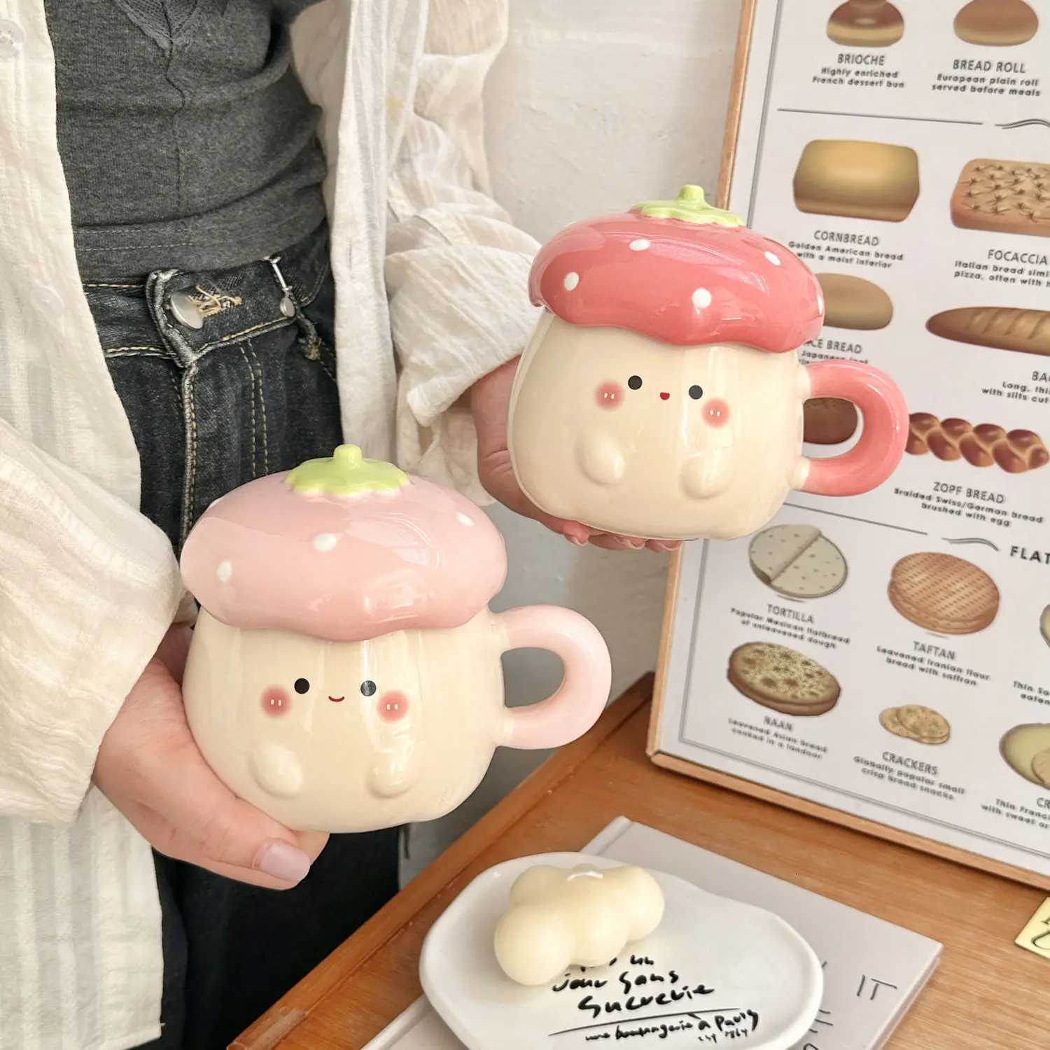 Cute Strawberry Ceramic Cup Girls Heart Cartoon with Lid and Spoon Birthday Anniversary Gift Ceramic Mug Coffee Mug with Straw M251206 - view 3