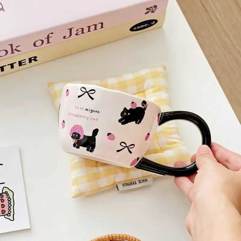 Cute Cat Ceramic Mug Big Handle Breakfast Oat Cup Birthday Gift Household Water Couple Coffee Cup High Value Gift Drinkware M251206 - view 3