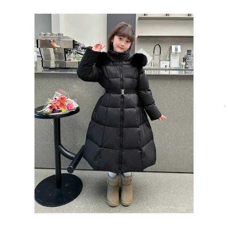 2024 Girls Winter Extended Down Cotton Jacket New Childrens Fashion Belt with Big Hairy Collar Warm Pink Black Cotton CoatW251206