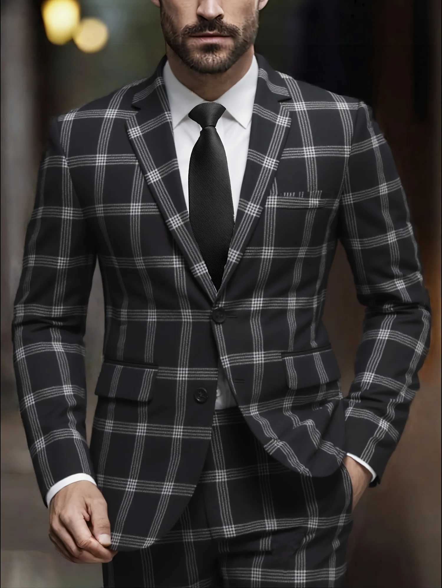 Mens Plaid Suit Two-Piece Set Four-Season Anti-Wrinkle No-Iron Business Casual Formal Wear Slim Two-Button Suit Trousers Suit M260313