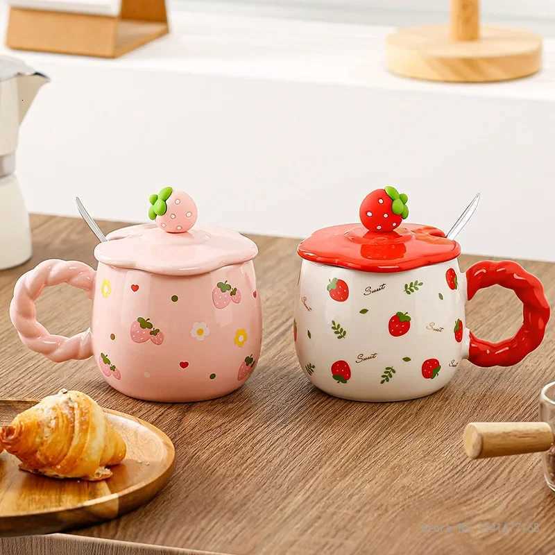 Creative Ceramic Cartoon Strawberry Pattern Milk Cup with Cover Chinese Style Home Office Supplies Handle Breakfast Mug 1Pc M251206 - view 3