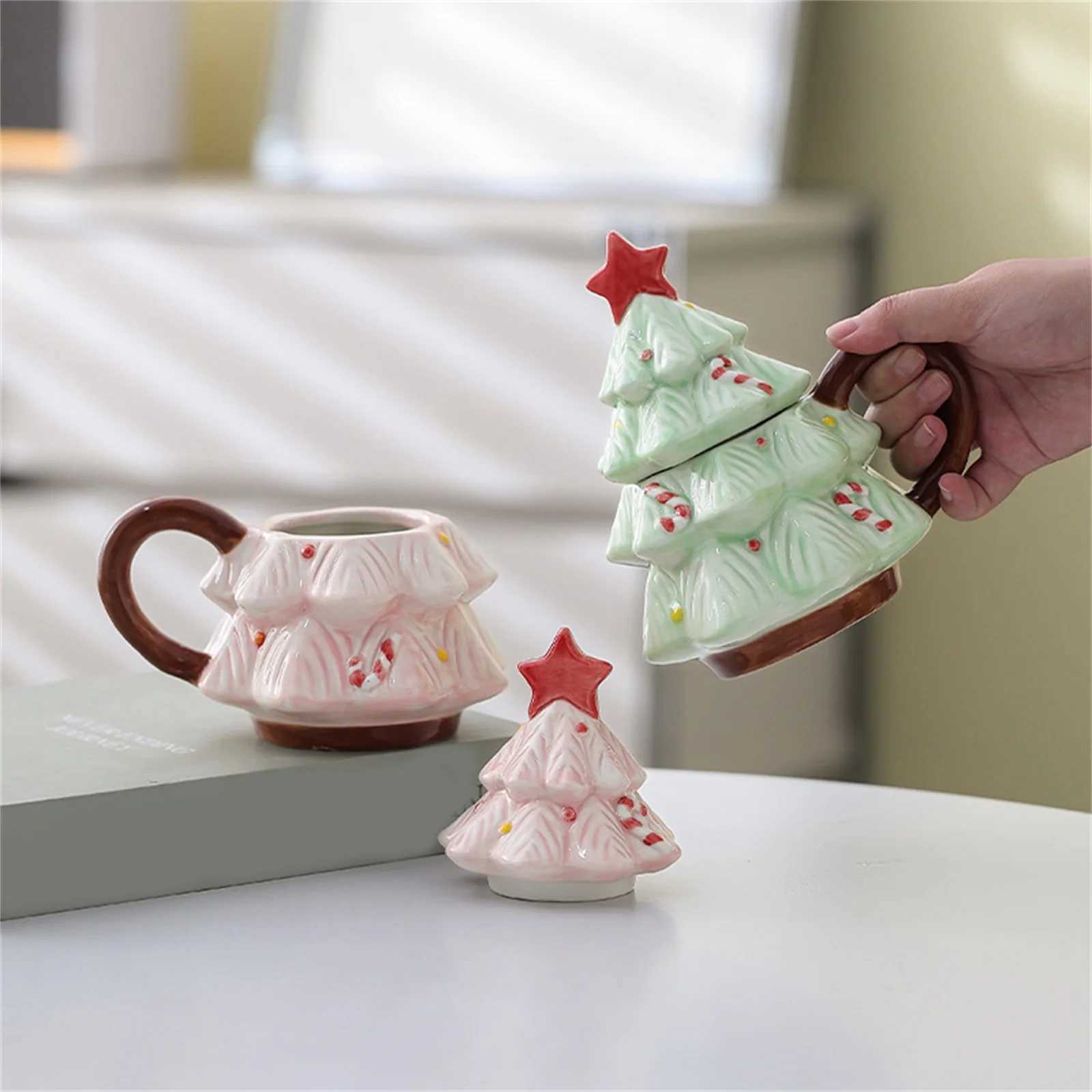 Ceramic Christmas Tree Mug with Lid and Brown Hand Grip Star Coffee Mug Party Cups Home Office Dishwasher and Microwave Safe M251206 - view 3