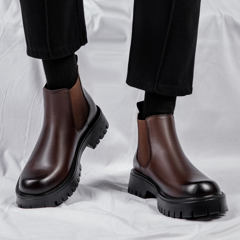 2025 new Men's Martin Boots Winter Genuine Leather British Style Chelsea Boots Fleece-Lined High-Top Leather Boots Trendy and Versatile Men'