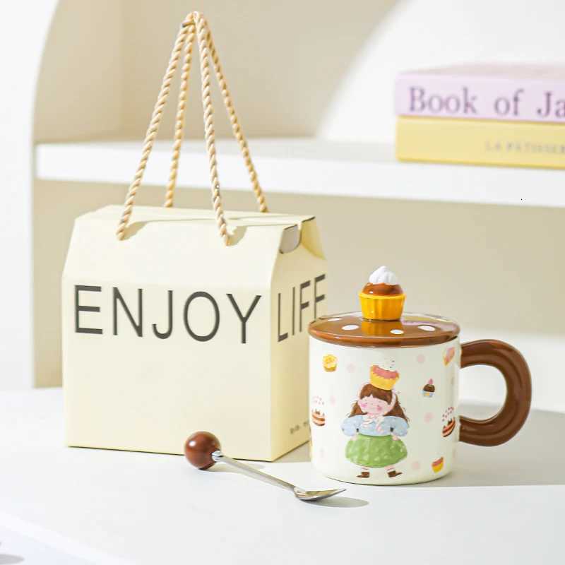Gift Box Household Ceramic Cup Sets 400ml High Aesthetic Dessert Cartoon Character Handle Mugs Couple Cup with Scoop and Lid M251206 - view 6
