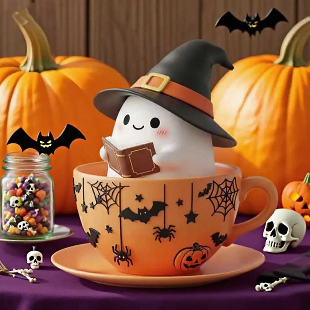 Halloween Ghost Teacup Figurine Witch Hat Reading Ghost Statue Resin Sculpture Holiday Party Desktop Decoration Ornament M251206 - view 5