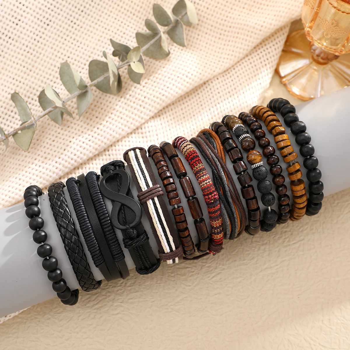 15 Pcs/set Classic Mens Leather Bracelet Vintage Style Hand-woven Multi-layer Combination Accessory Fashion Man Jewelry Gifts W251206