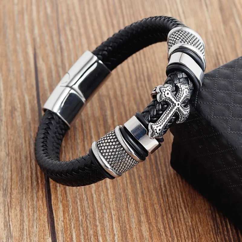 Fashion Stainless Steel Cross Bangles with Charms Chakra Men Classic Punk Leather Bracelet Male Braided Multilayer Bracelet W251206