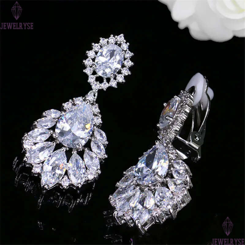 classic diamond clip on screw back earring designer for woman party AAA cubic zirconia silver dangle crystal earrings brides bridesmaid luxury wedding
