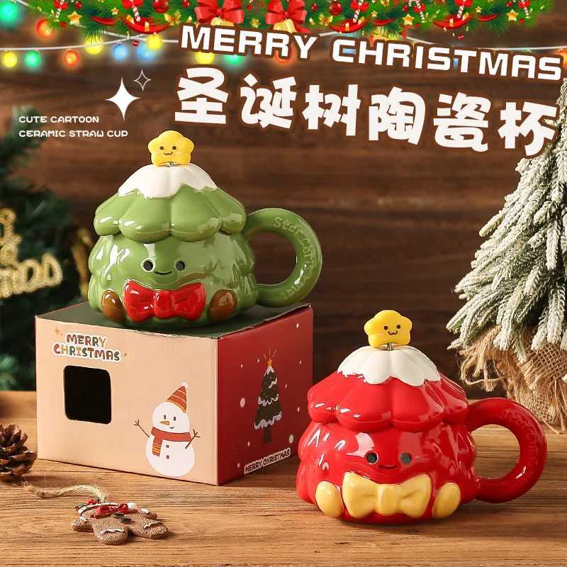 Creative hand-painted Christmas tree ceramic mug internet-famoushome-use with lid and spoon large-capacity drinking cup M251206 - view 4