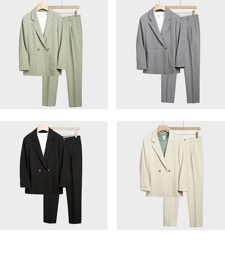 2025 Mens Korean Style Suit Set - Loose Fit Casual Blazer Pants Slim Fit Spring Autumn Two-Piece Outfit Complete Set M260313