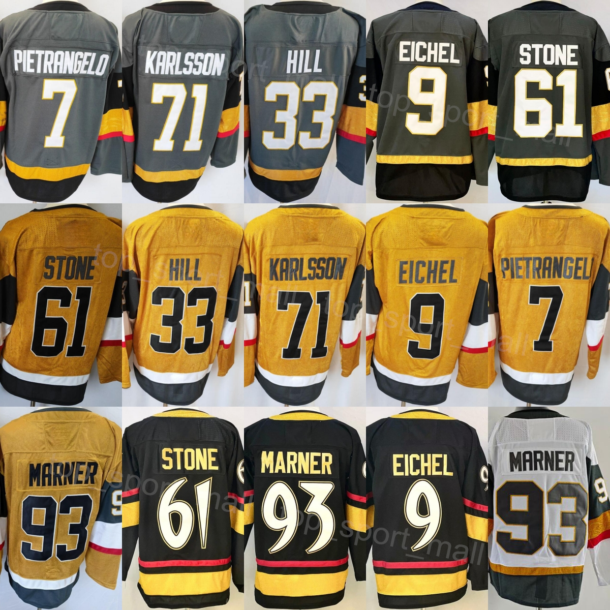 Mens Hockey 9 Jack Eichel Jerseys 61 Mark Stone 93 Mitch Marner 71 William Karlsson 7 Alex Pietrangelo 33 Adin Hill Black Grey White Gold Reverse Retro 2026 Alternate