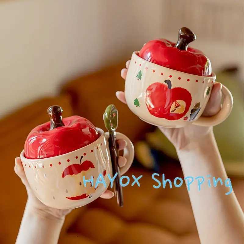 Christmas Apple Ceramic Cup Vintage Girls Apple Cup with Lid and Spoon MugChristmas Gift Coffee Couple Milk Breakfast Mugs M251206 - view 3