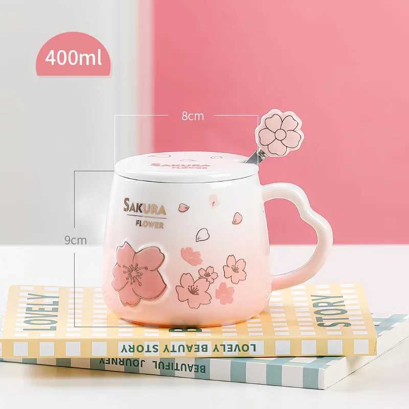 Japanese Pink Cherry Blossom Ceramic Mugs Coffee Cups Milk Breakfast Mug with Lid Spoon Water Cup Office Tea Cup M251206 - view 6