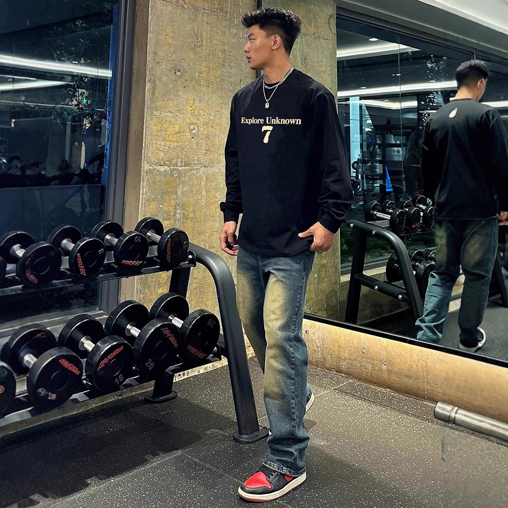 Designer Luxury Clothing Cleanfit American Heavyweight Pure Cotton Long Sleeve T-shirt For Men, Ins Trendy Brand Letter Print Loose Fit Autumn Base Sh