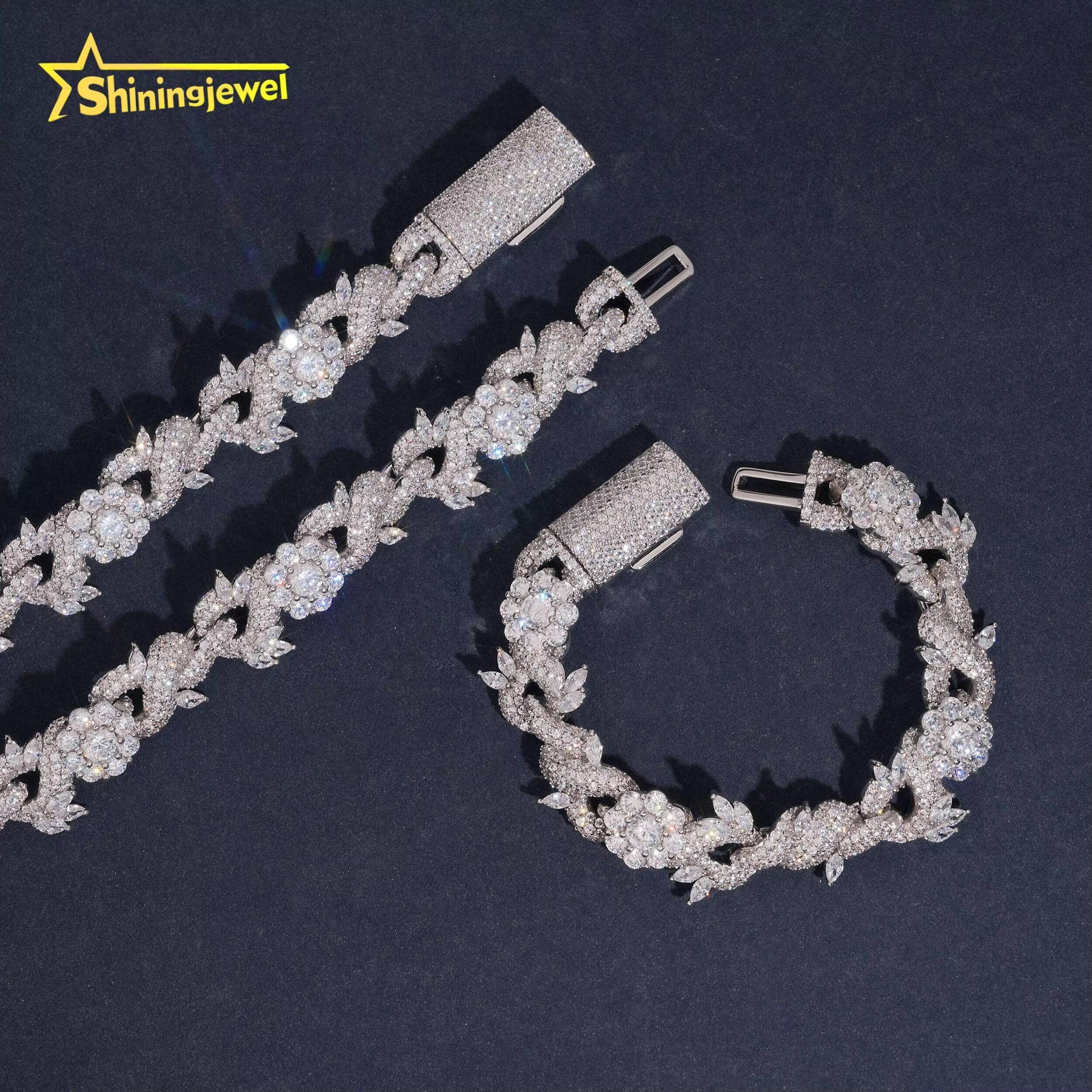 Luxury 15mm Flower Cuban 925 Sterling Silver Hip Hop Jewelry Iced Out Moissanite Infinity Link Chain