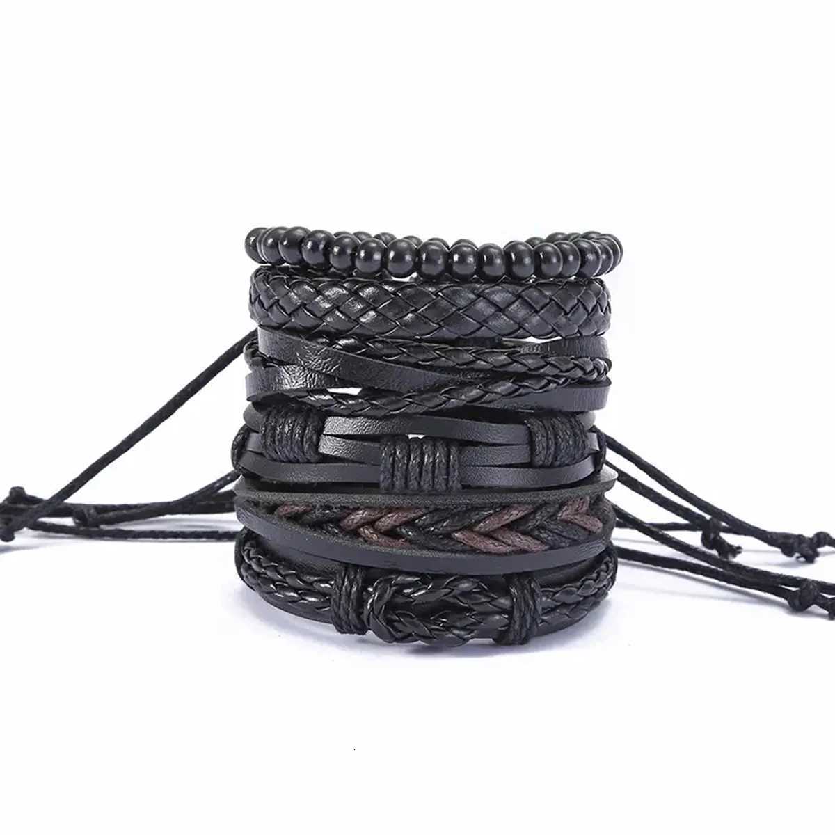 6pcs Mens PU Leather Punk Street Style Black Handmade Men Minimalist Twist Bracelet W251206
