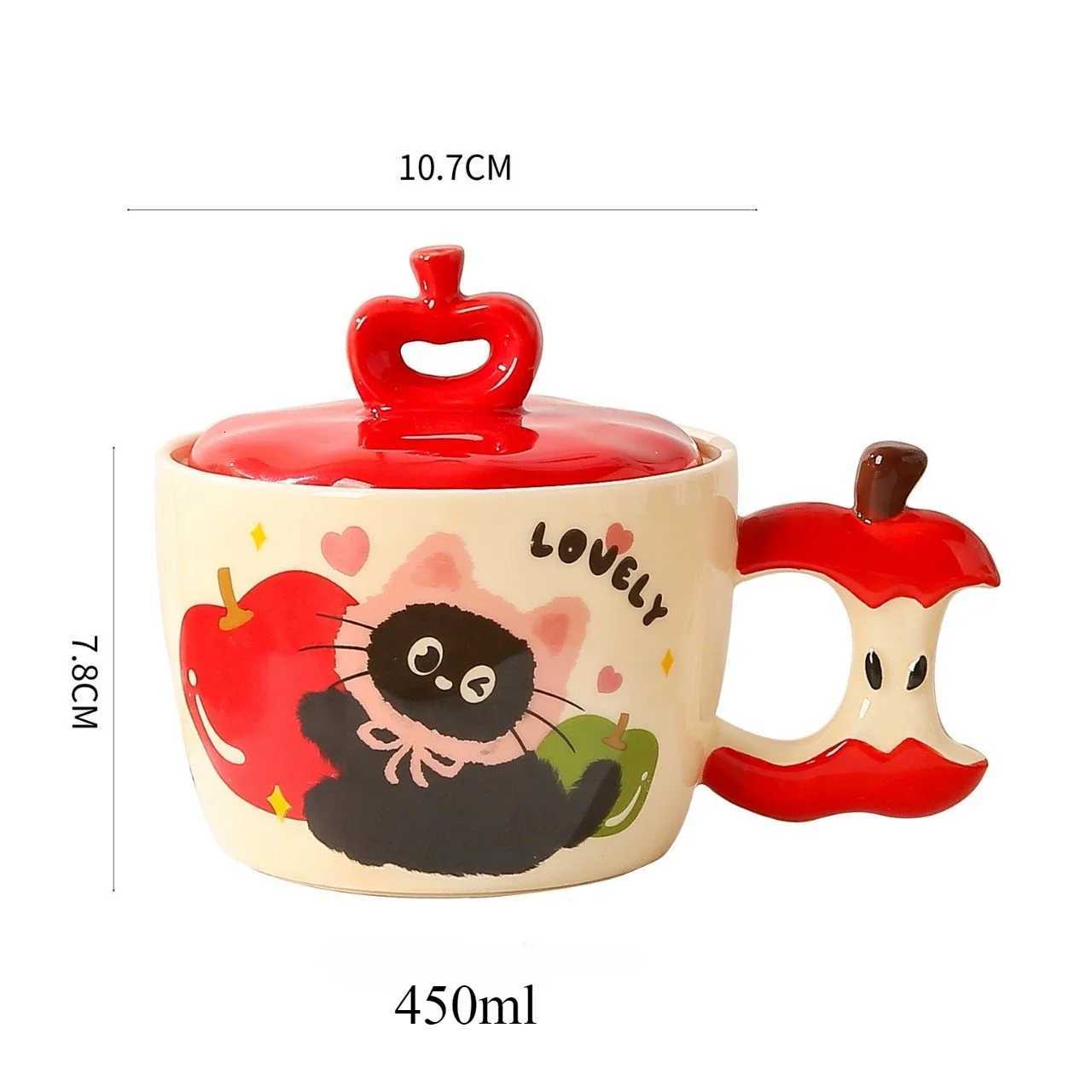 Creative Apple Cat Ceramic Mug High Beauty Capped Coffee Mugs Breakfast Milk Cup Couple Water Cups Birthday Gift Kawaii Cup M251206 - view 6