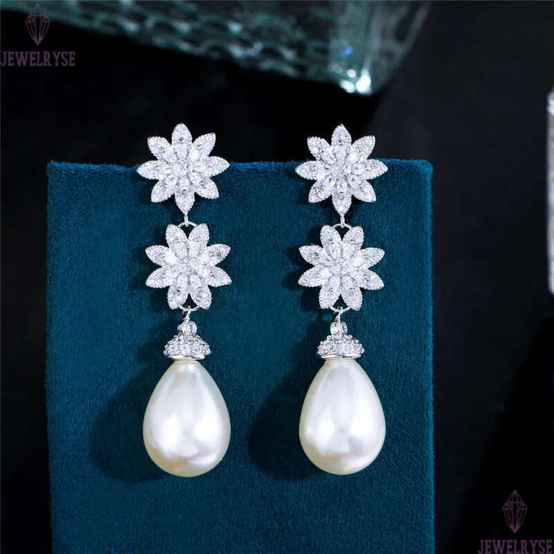 Charm Flower Imitation Pearl Designer Earring for Woman Wedding Luxury White AAA Cubic Zirconia Drop Stud Diamond Earrings S925 Sterling Silver Needle