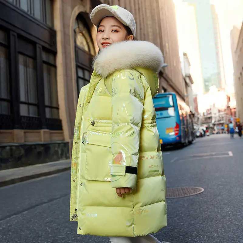 5 to14 Years Girls Down Jacket Winter Keep Warm Long Style Parka Hooded Zipper Fur Collar Girls Outerwear Christmas Kids ClothesW251206