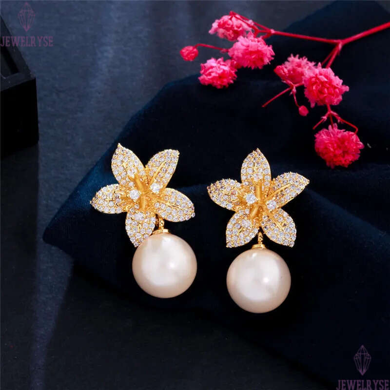 Fashion Imitation Pearl Flowers earrings Charm jewelry Bride Wedding South American White AAA Cubic Zirconia Copper 18k Gold Silver Designer Earring F