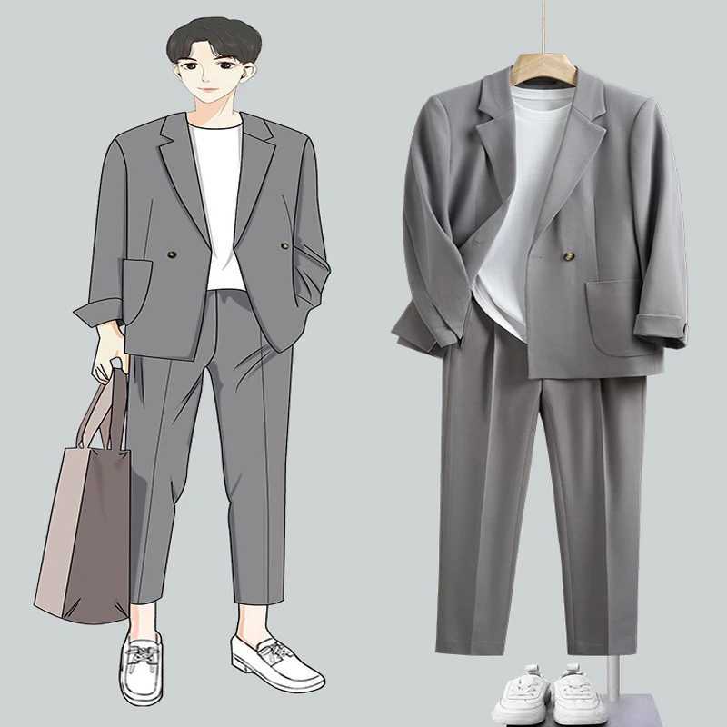 2025 Mens Korean Style Suit Set - Loose Fit Casual Blazer Pants Slim Fit Spring Autumn Two-Piece Outfit Complete Set M260313