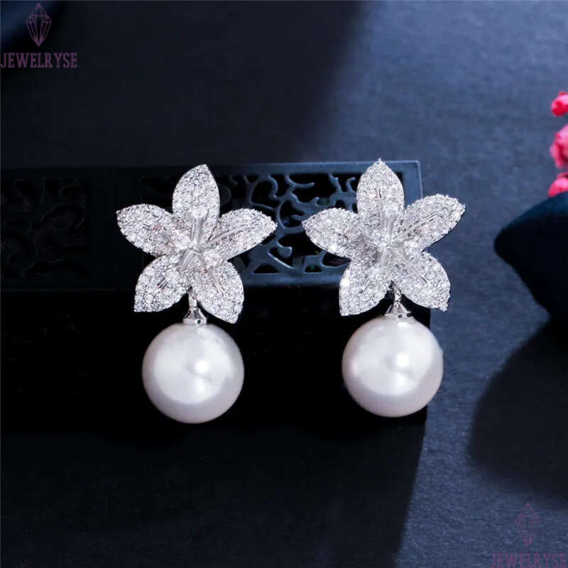 Fashion Imitation Pearl Flowers earrings Charm jewelry Bride Wedding South American White AAA Cubic Zirconia Copper 18k Gold Silver Designer Earring F