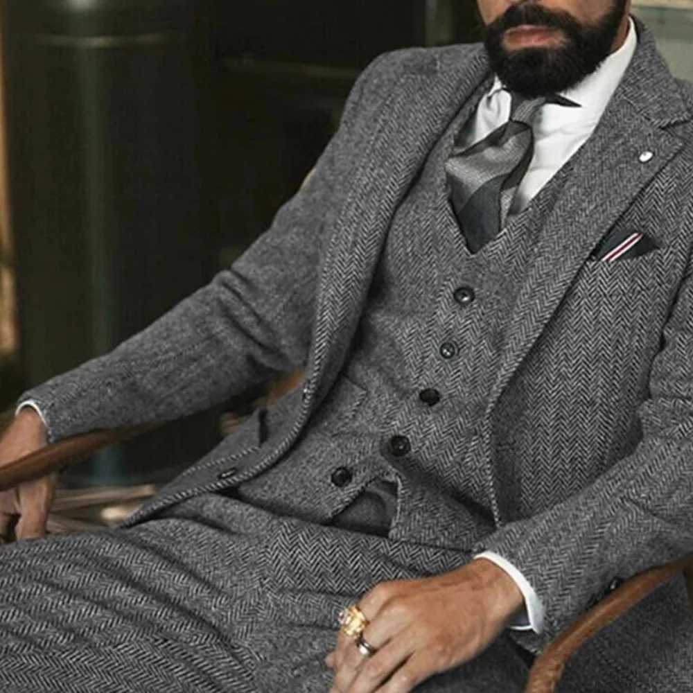 Mens Winter Tweed Wool Grey Slim Fit Formal Wedding Terno Fishbone 3 Piece Smoking Suit Male Ternos Ca M260313