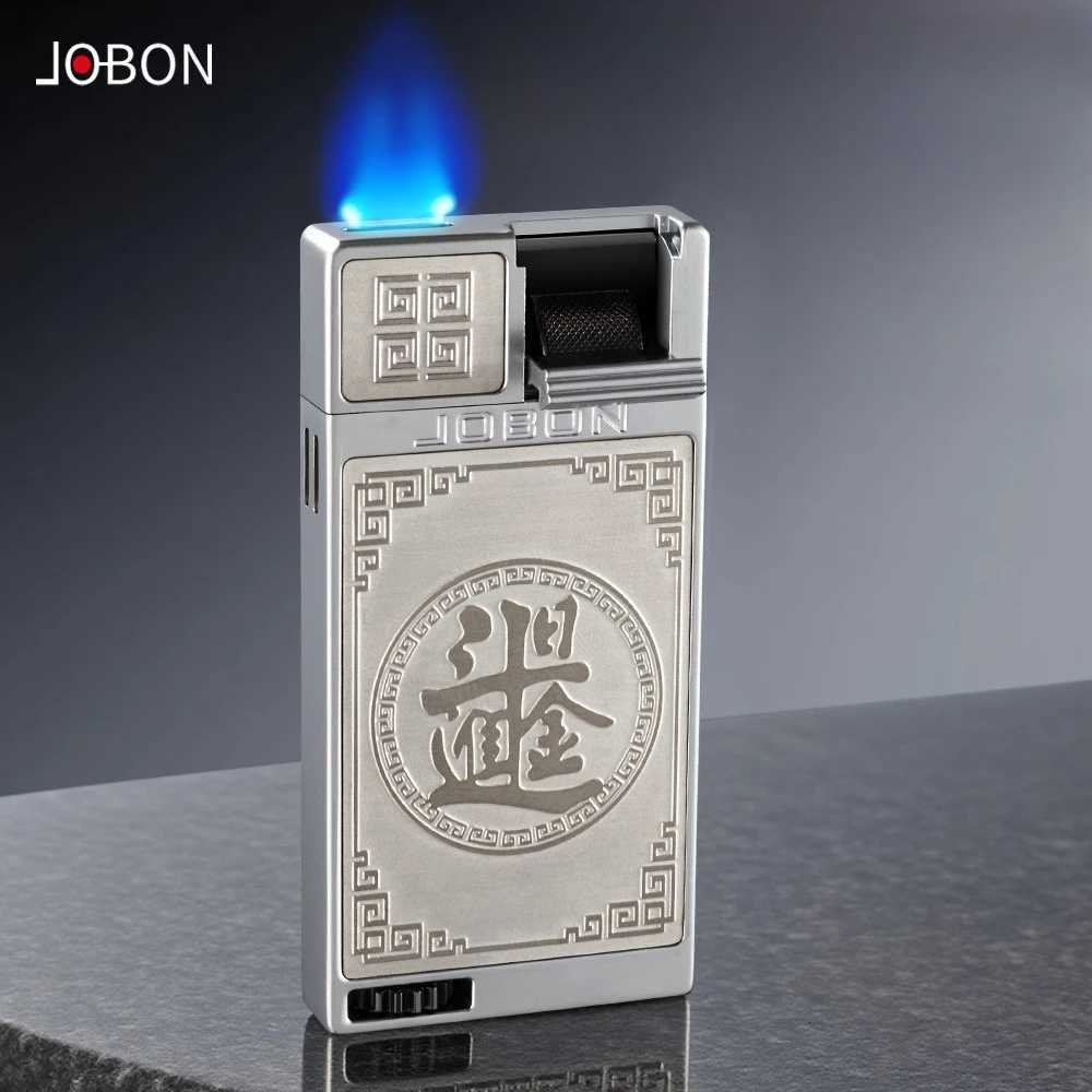 JOBON Flat Fire Blue Flame Gas Lighter Lr Ignition Tangcao Pattern Creative High-end Mens Gift H251206