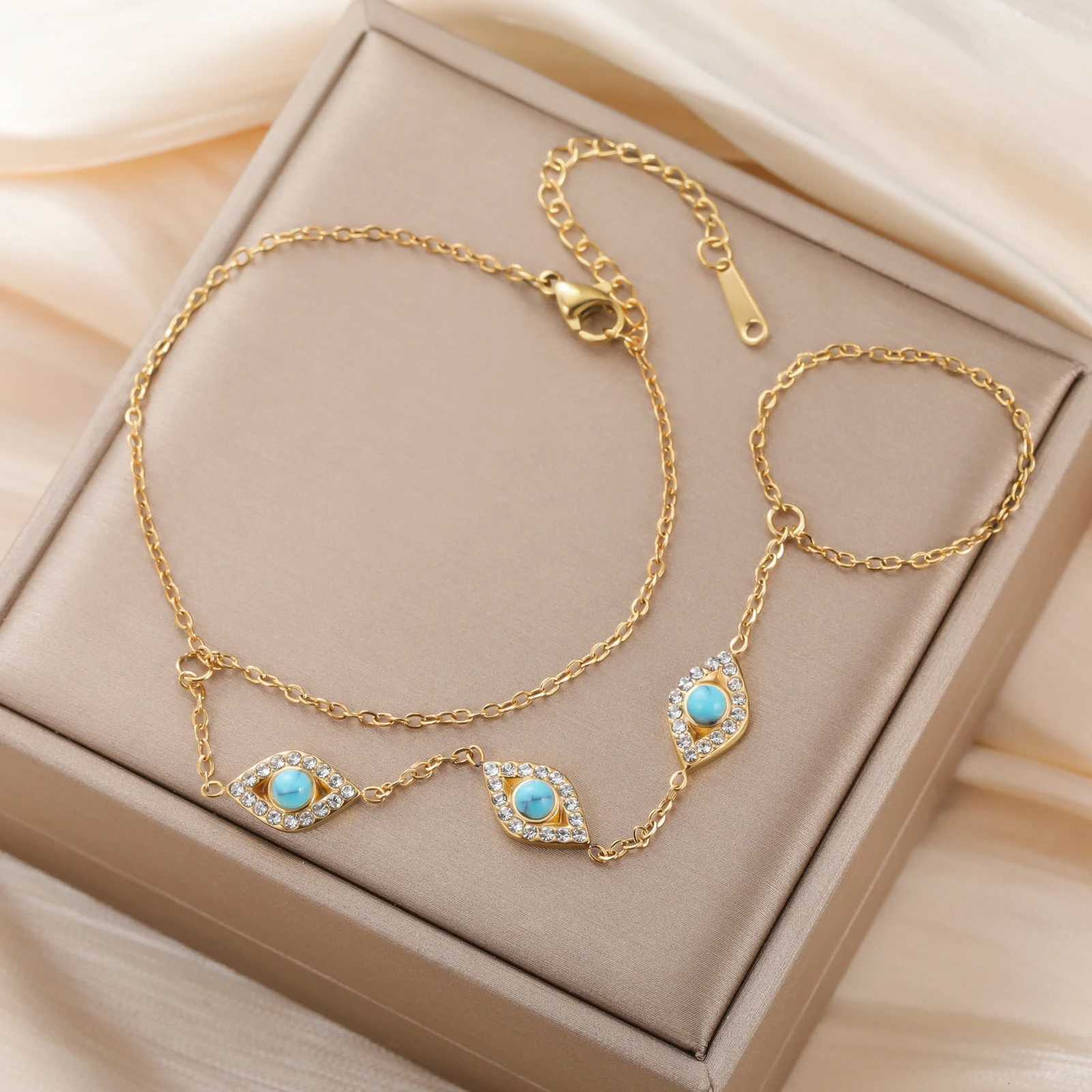 Teamer Zircon Devils Eye Love Heart Finger Bracelet Stainless Steel Gold Color Fashion Chain Jewelry Wedding Gift Wholesale W251206