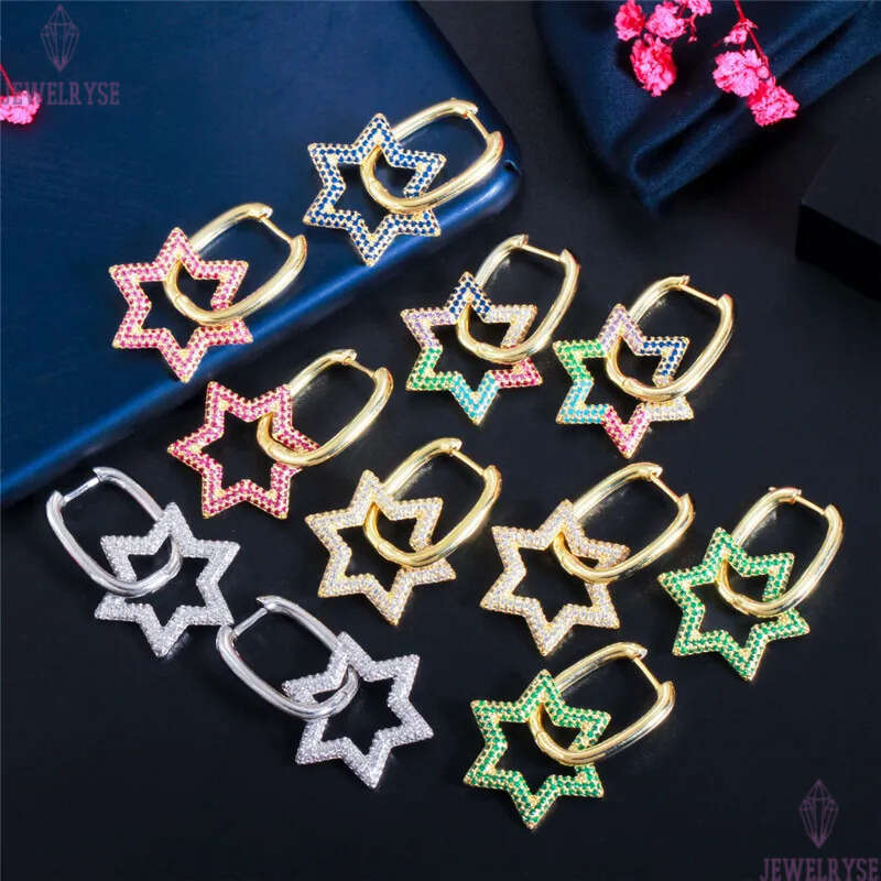 Fashion Cute Colorful AAA Cubic Zirconia Charm Heart Star Earrings Designer Copper Double Loop Phase Buckle 18k Gold White Green Red CZ Earring For Wo